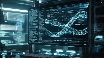 Holographic interface in a genetic research facility, with complex DNA sequences in focus