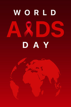 Red-themed World AIDS Day vector art, the AIDS ribbon included the event title at the top with a globe map at the bottom. For AIDS/HIV campaigns.
