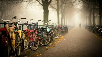 The canals of Amsterdam, Netherlands, with bicycles lined up along the railings.