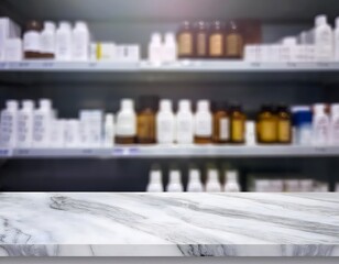 pharmacist in pharmacy, Pharmacy white marble table counter with medicines healthcare product arranged on shelves in drugstore blurred defocused background, wallpaper, bottles on a shelf
