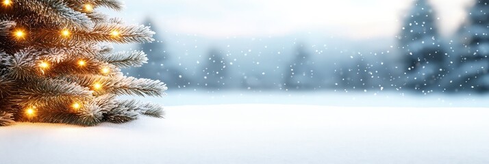 Winter Scene with Snow and Christmas Lights