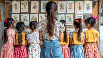 Naklejka premium group of young girls dressed in colorful outfits stand together viewing illustrated artwork in a traditional classroom setting, highlighting cultural education.