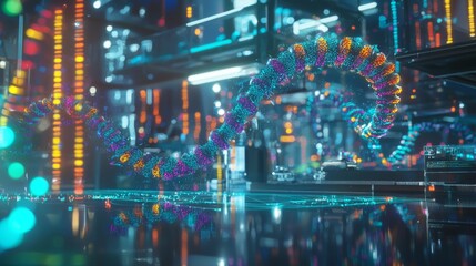 Gene mapping through 3D holographic displays in a futuristic lab, with colorful genome strands