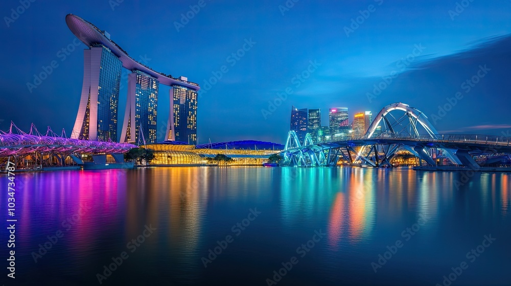 Wall mural the famous helix bridge at night, reflecting neon lights over marina baycalm waters.