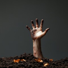 Hand emerging from soil, symbolizing struggle and resilience, dark background.