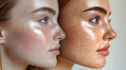 Obraz premium Infographic explaining melasma treatment steps, paired with before-and-after images of facial pigmentation improvement, clean layout, High-Resolution, Soft Colors