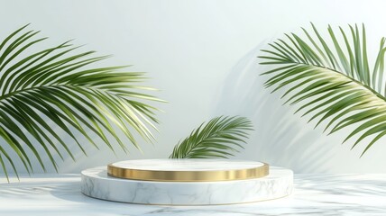 Obraz premium Minimalist White Marble Pedestal with Golden Accents and Palm Leaves