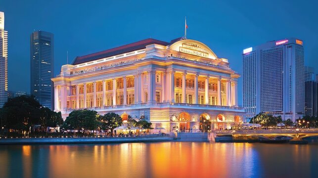 The Fullerton Hotel, a historic building with colonial architecture, illuminated at night along the Singapore River.
