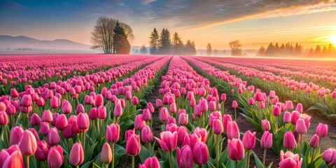 A vibrant field of pink tulips basking in the golden glow of sunrise, their petals unfurling towards the sky, a testament to nature's gentle awakening.