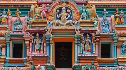 Fototapeta premium The intricate, colorful facade of Sri Mariamman Temple in Singapore Chinatown.