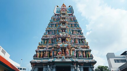 The intricate, colorful facade of Sri Mariamman Temple in Singapore Chinatown.