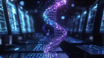 Holographic model of DNA floating between futuristic computer terminals in a genomics research hub