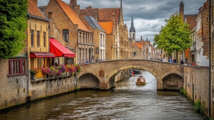 Obraz premium The medieval streets of Bruges, Belgium, with stone bridges over peaceful canals.
