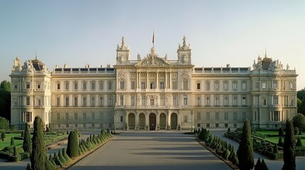 Obraz premium The Royal Palace of Madrid, Spain, with its grand architecture and manicured gardens.