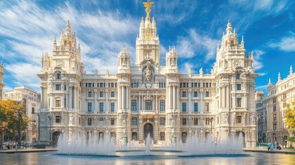 Obraz premium The Royal Palace of Madrid, Spain, with its grand architecture and manicured gardens.