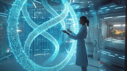 Floating 3D holographic gene sequences being manipulated by a doctor in a futuristic clinic