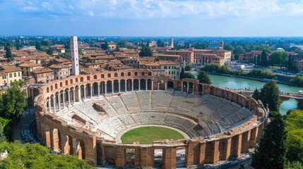 The ruins of an ancient Roman amphitheater in Verona, Italy, with surrounding city views.