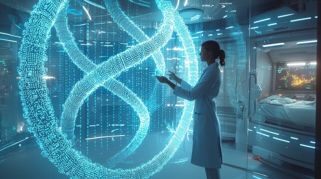 Floating 3D holographic gene sequences being manipulated by a doctor in a futuristic clinic