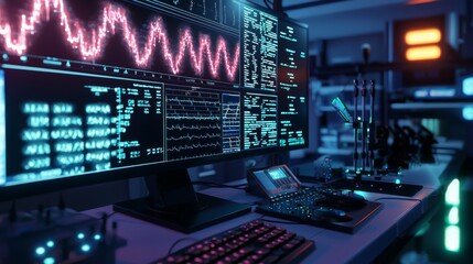 Advanced laboratory with neon-lit holoscan of a genome sequence rotating above an interactive console