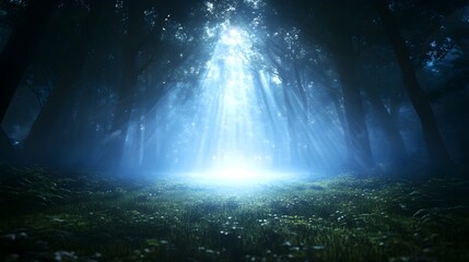 Obraz premium A mystical forest clearing where ancient trees form a perfect circle around a glowing portal, shimmering with ethereal blue light, surrounded by magical mist