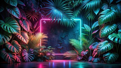 A surreal jungle scene with a vibrant neon glow, illuminated by a luminous rectangular frame, showcasing a vibrant and captivating backdrop for your imagination.