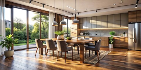 Fototapeta premium Contemporary Kitchen with Clean Shiny Maple Hardwood Floor in Upscale Dining Room Interior Design