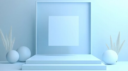 Abstract Blue Minimalist 3D Render with Platform and Spheres