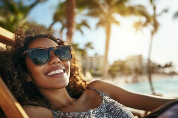 Smiling woman relaxing under the tropical sun