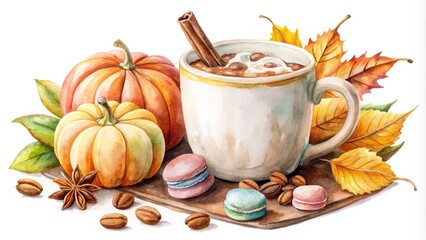 Fototapeta premium Cozy Autumn Food Photography: Watercolor Mug of Cocoa, Pumpkin, Leaves, Macaroon, and Cinnamon for Stickers and Invitations