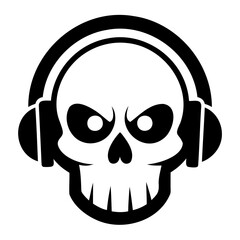 Skull with headset black silhouette, Skull logo vector illustration. music skull logo template