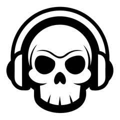 Skull with headset black silhouette, Skull logo vector illustration. music skull logo template