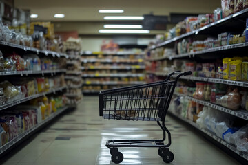 A shopping cart is seen in the middle of an empty grocery store.