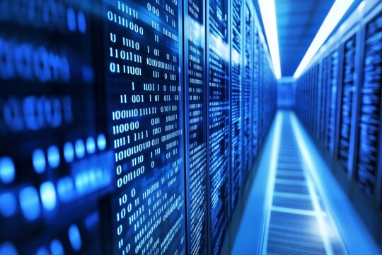 Rows of server racks with binary code displayed on the screens in a data center. - Powered by Adobe
