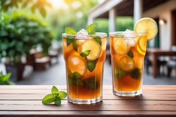 Fototapeta premium A refreshing glass of tea with lemon and mint on wooden table at garden