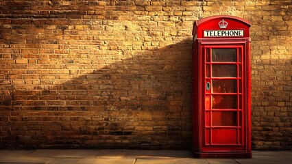 Obraz premium Classic Red British Telephone Booth Against a Vintage Brick Wall - Iconic UK Landmark