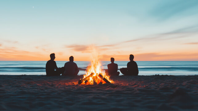 Friends enjoying a beach bonfire at sunset