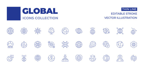 Global icons collection. Thin Line icons, editable stroke. global, pin, protection, globe, global network, global warming, globalization, relationship, travel, worldwide, knowledge