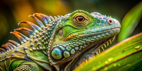 Fototapeta premium A close-up of a green iguana's face, revealing intricate scales and a watchful eye, the lizard's presence commanding attention amidst a lush green backdrop.