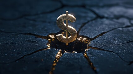 A golden dollar symbol emerging from a crack in the ground, representing economic resilience.