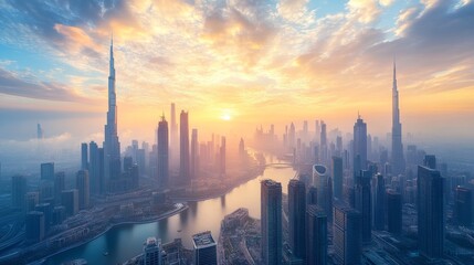 Fototapeta premium A dazzling futuristic skyline, towering skyscrapers dominate the horizon while the lower levels burst with street art, blending tech and artistic flair