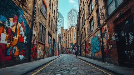 Fototapeta premium Vintage-style shot of bold street art sprawled across walls in the shadow of looming skyscrapers, a clash of creativity and architectural order