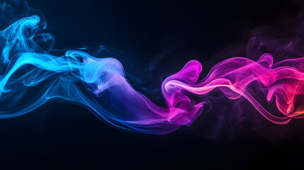 Neon pink and blue smoke swirling in darkness, vibrant colors contrasting against a deep black backdrop, creating a captivating visual effect
