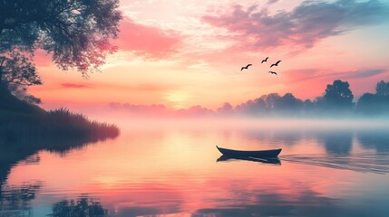A peaceful river at sunrise, with mist rising from the water and reflections of the colorful sky on the surface