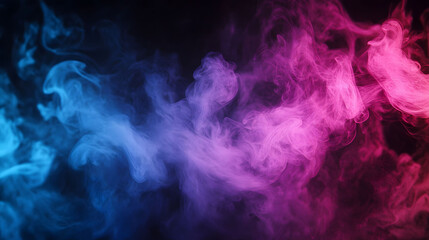 Vibrant neon pink and blue smoke swirling softly against a deep black backdrop, creating a striking visual contrast and dynamic energy