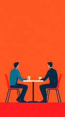 Two men having a conversation at table.