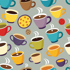 Colorful coffee mugs full of coffee and chocolate.graphic seamless pattern.