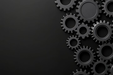 Black gears arranged on a dark surface, ideal for technology and manufacturing themes.