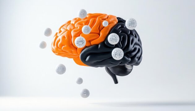 Brain model in vibrant orange and black, isolated on a white background for creative concepts.