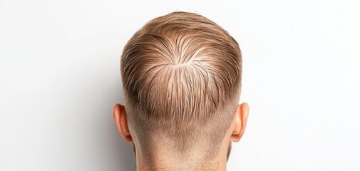 Close-up of a man's neatly styled blonde hair from the back, showcasing a trendy haircut on a white background.