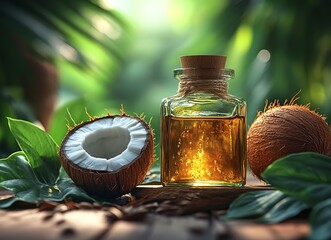 Organic Coconut Oil in a Glass Bottle with Fresh Coconuts